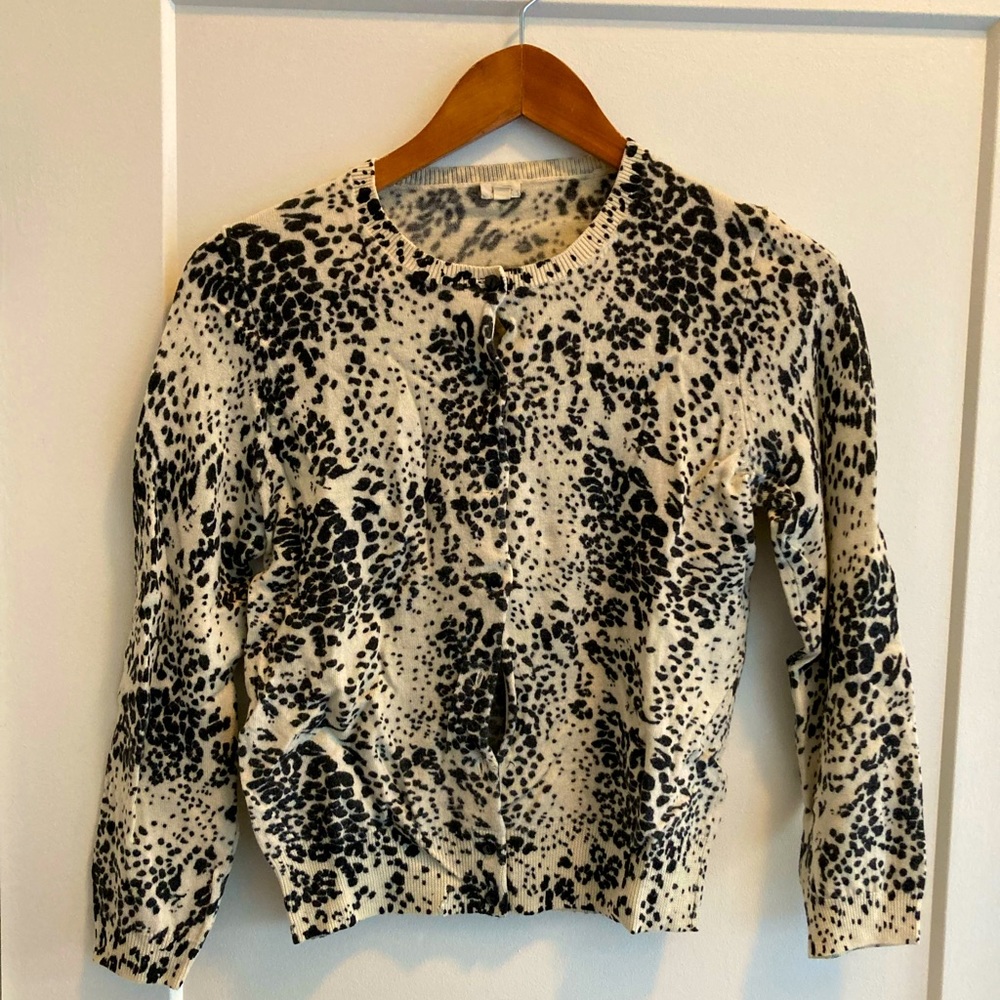J. Crew merino wool cardigan. Size M. Cool black and white pattern.